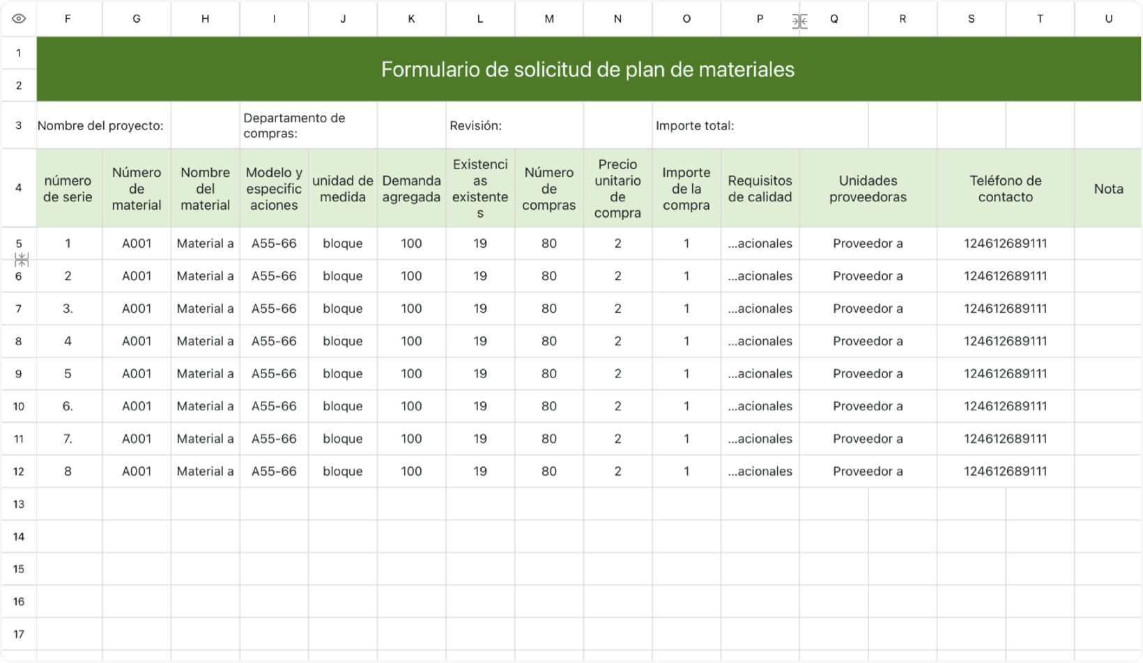 Formulario de solicitud de plan de materiales
